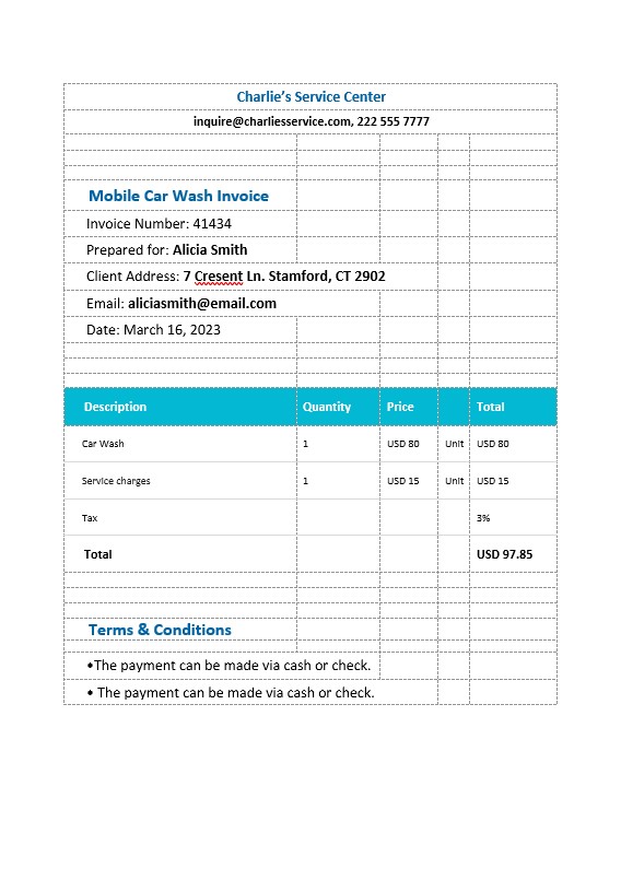 Mobile Car Wash Invoice Template PSD template